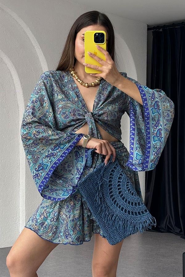Gypsy Etnik Desenli Şort Takım - Saks