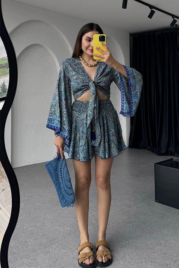 Gypsy Etnik Desenli Şort Takım - Saks