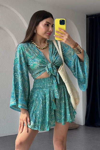 Gypsy Etnik Desenli Şort Takım - Turkuaz