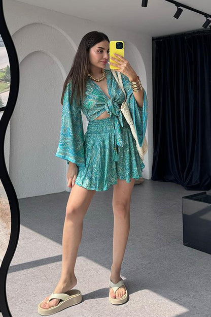 Gypsy Etnik Desenli Şort Takım - Turkuaz