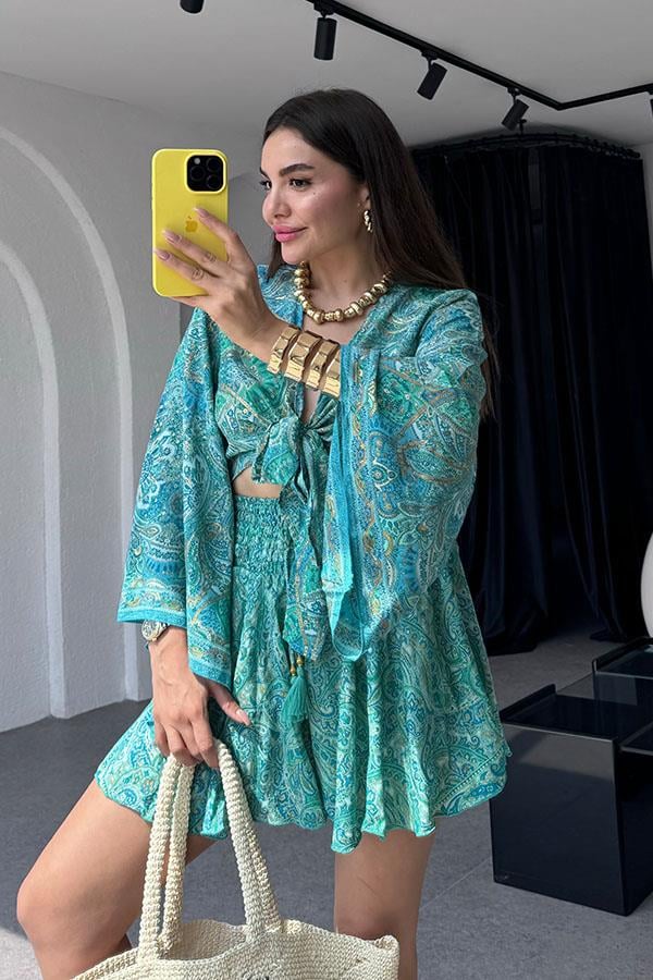 Gypsy Etnik Desenli Şort Takım - Turkuaz