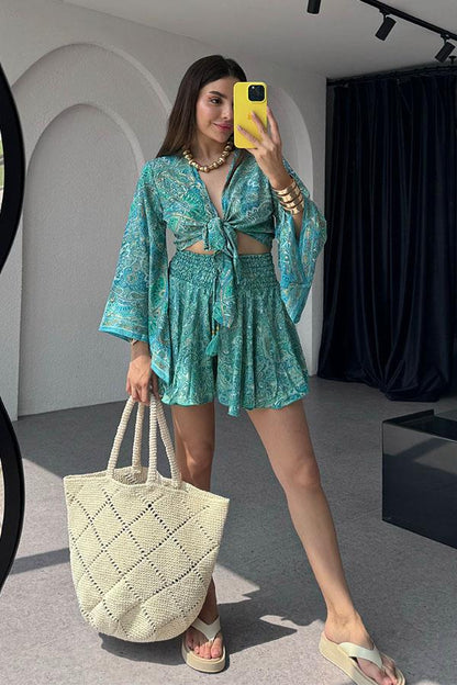 Gypsy Etnik Desenli Şort Takım - Turkuaz