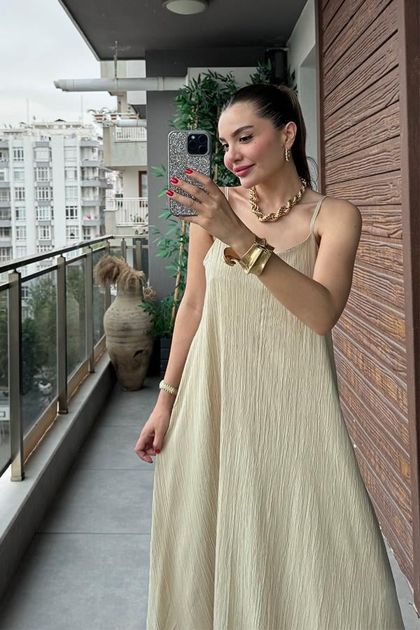 Haifa Keten Kırinkıl Askılı Elbise-Bej