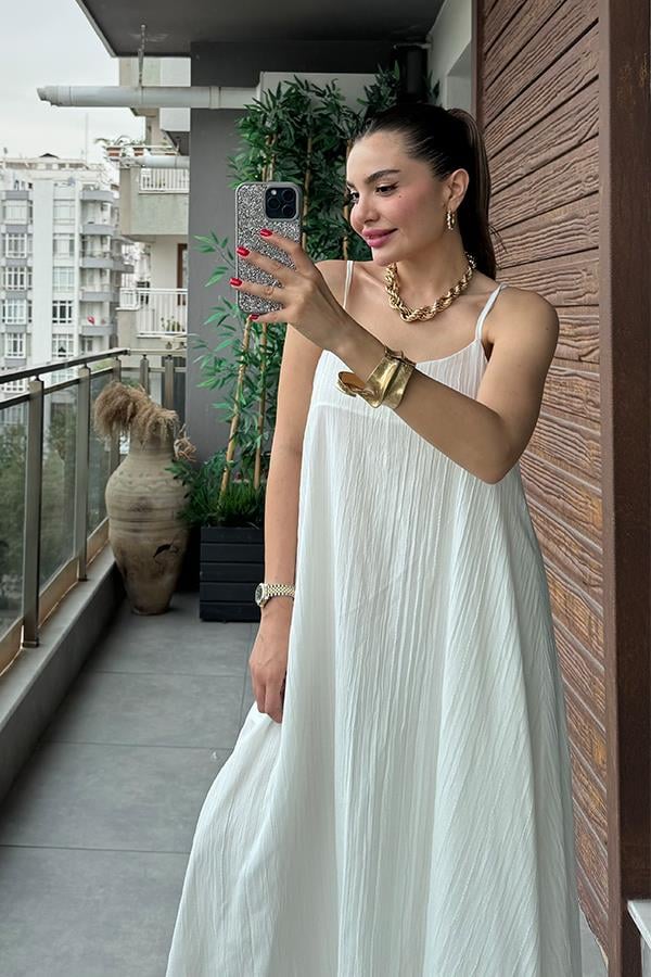 Haifa Keten Kırinkıl Askılı Elbise-Beyaz