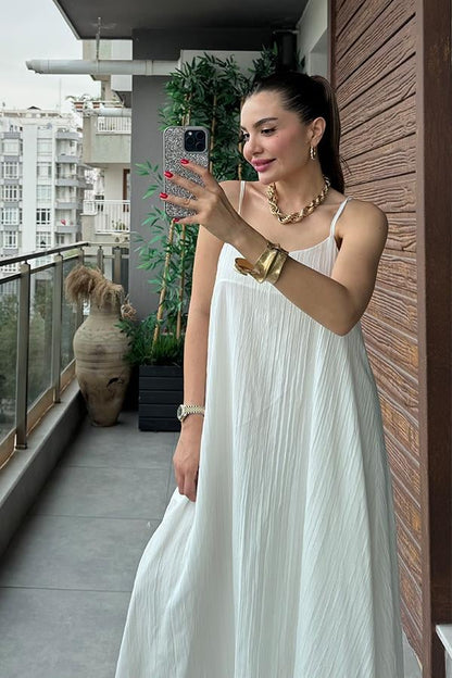 Haifa Keten Kırinkıl Askılı Elbise-Beyaz