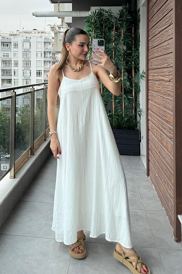 Haifa Keten Kırinkıl Askılı Elbise-Beyaz