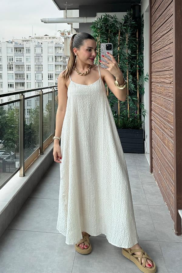 Haifa Keten Kırinkıl Askılı Elbise-Ekru