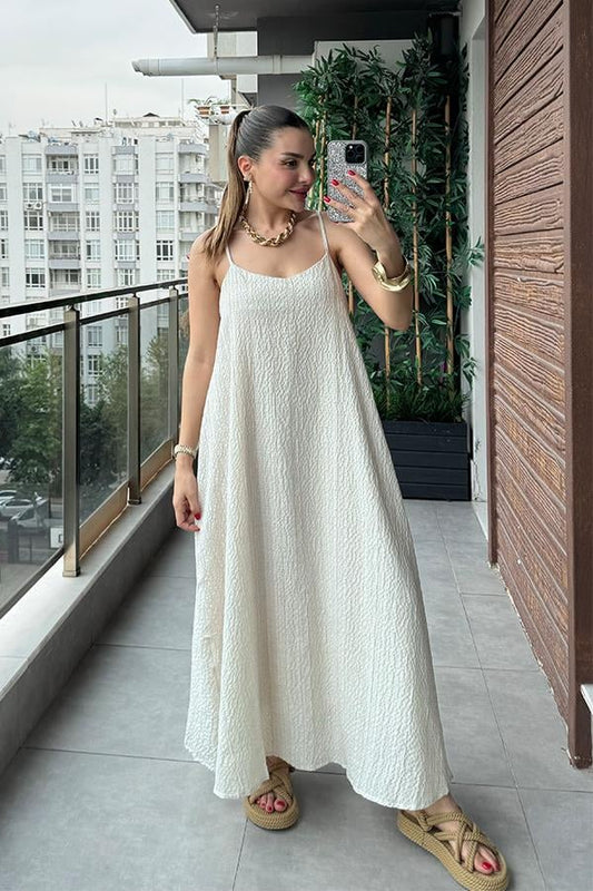 Haifa Keten Kırinkıl Askılı Elbise-Ekru