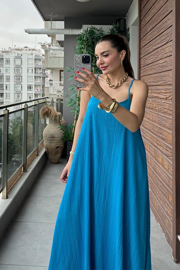 Haifa Keten Kırinkıl Askılı Elbise-Mavi