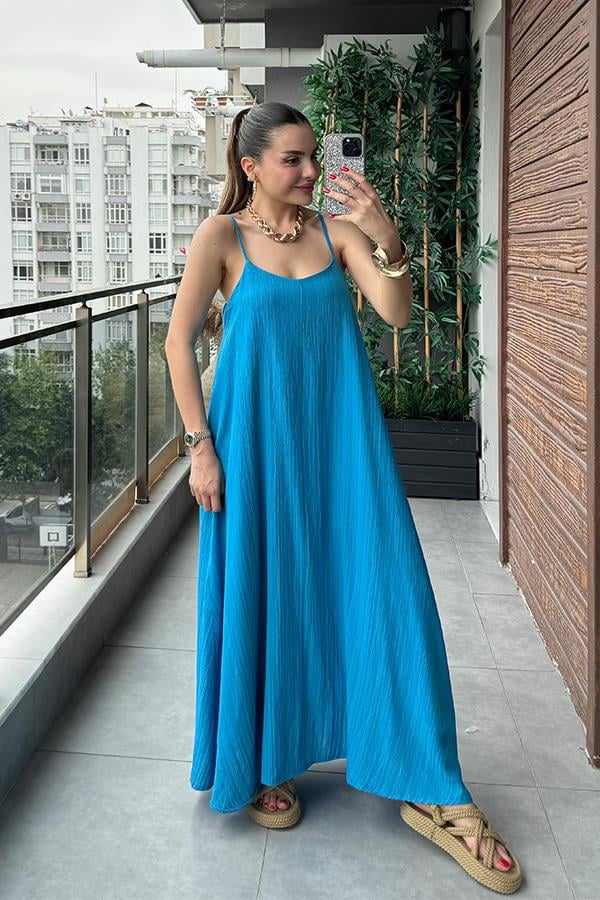Haifa Keten Kırinkıl Askılı Elbise-Mavi