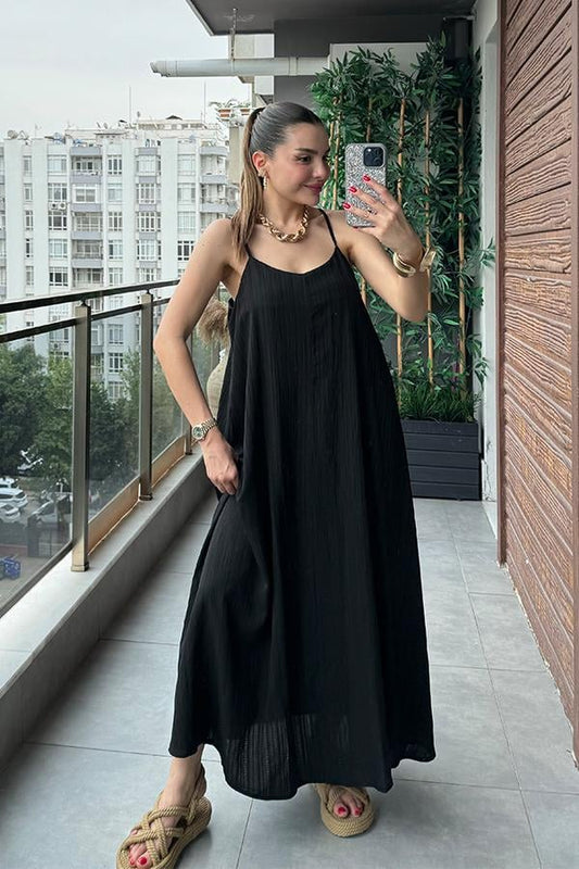 Haifa Keten Kırinkıl Askılı Elbise-Sİyah