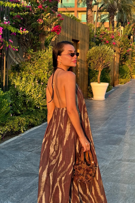 Hailey kahve zebra desenli keten elbise