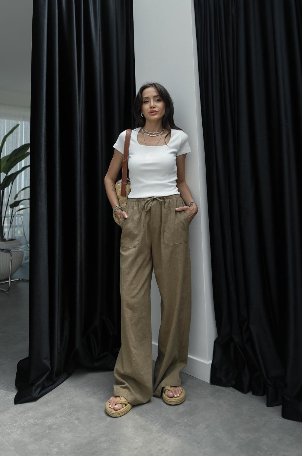 HAKI GENIŞ CEPLI KETEN PANTOLON