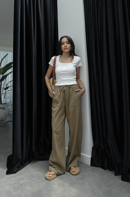 HAKI GENIŞ CEPLI KETEN PANTOLON