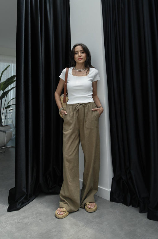 HAKI GENIŞ CEPLI KETEN PANTOLON