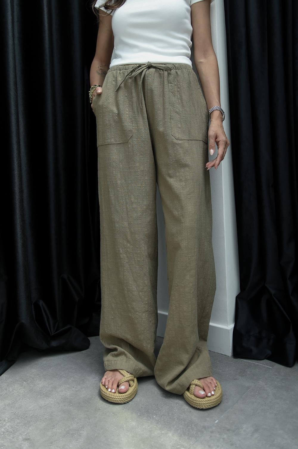 HAKI GENIŞ CEPLI KETEN PANTOLON