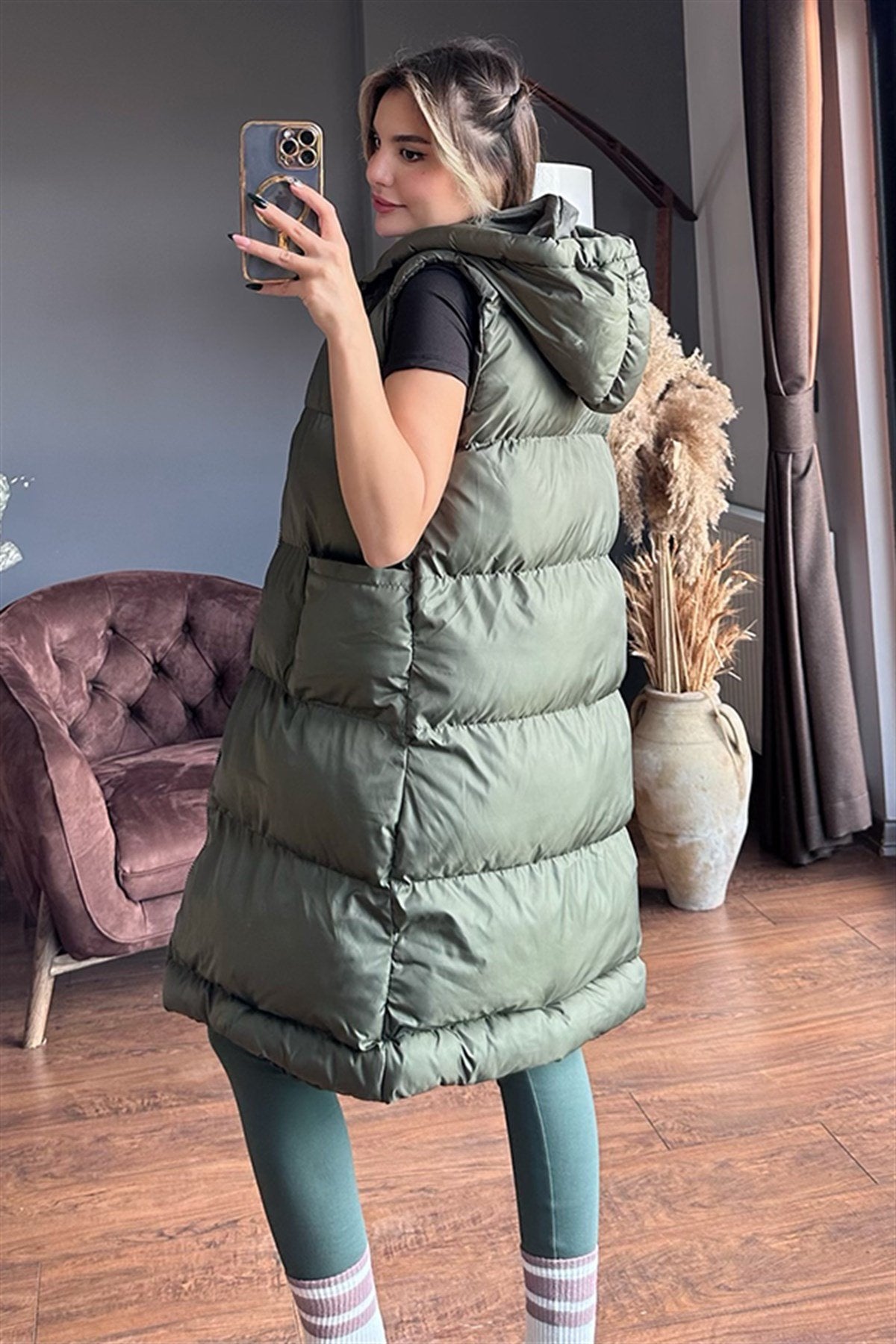 Haki yeşil uzun puffer şişme yelek