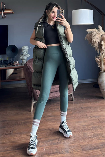 Haki yeşil uzun puffer şişme yelek