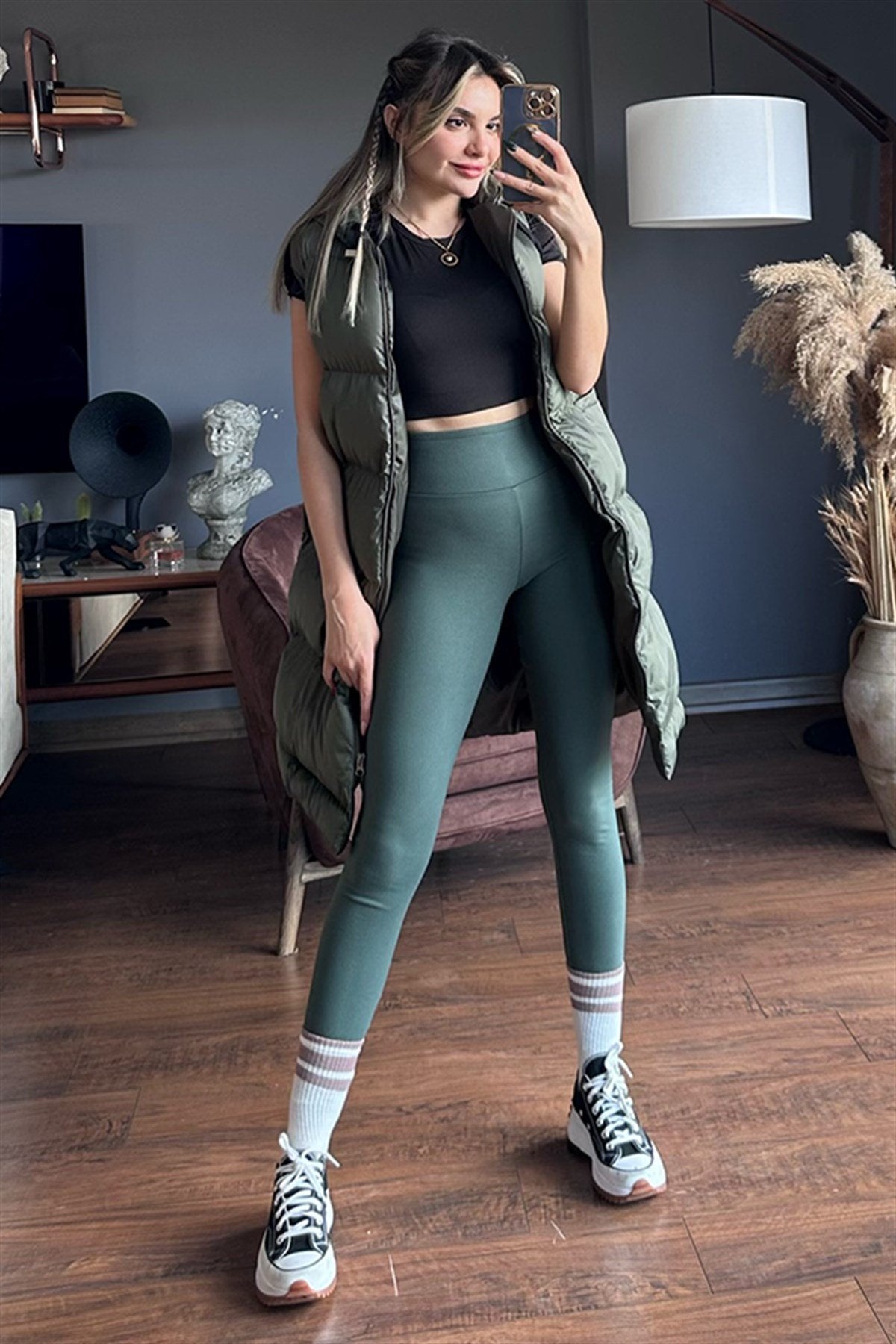 Haki yeşil uzun puffer şişme yelek