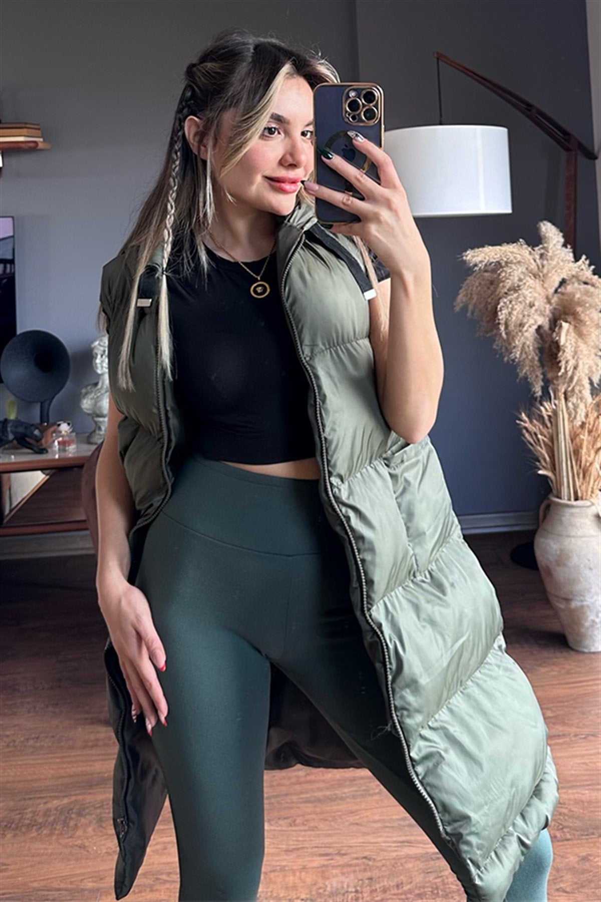 Haki yeşil uzun puffer şişme yelek