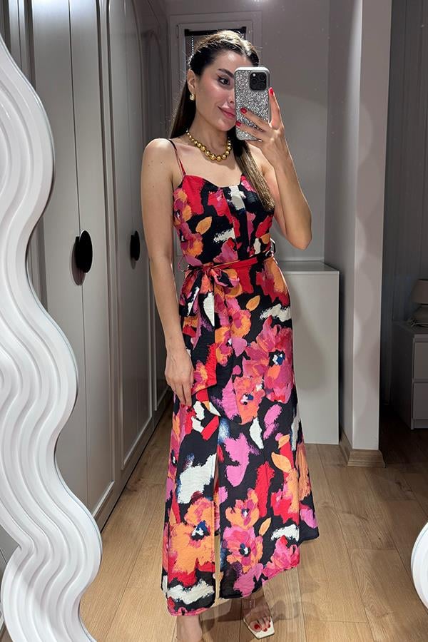 Hallen Çiçek Desenli Renkli Elbise