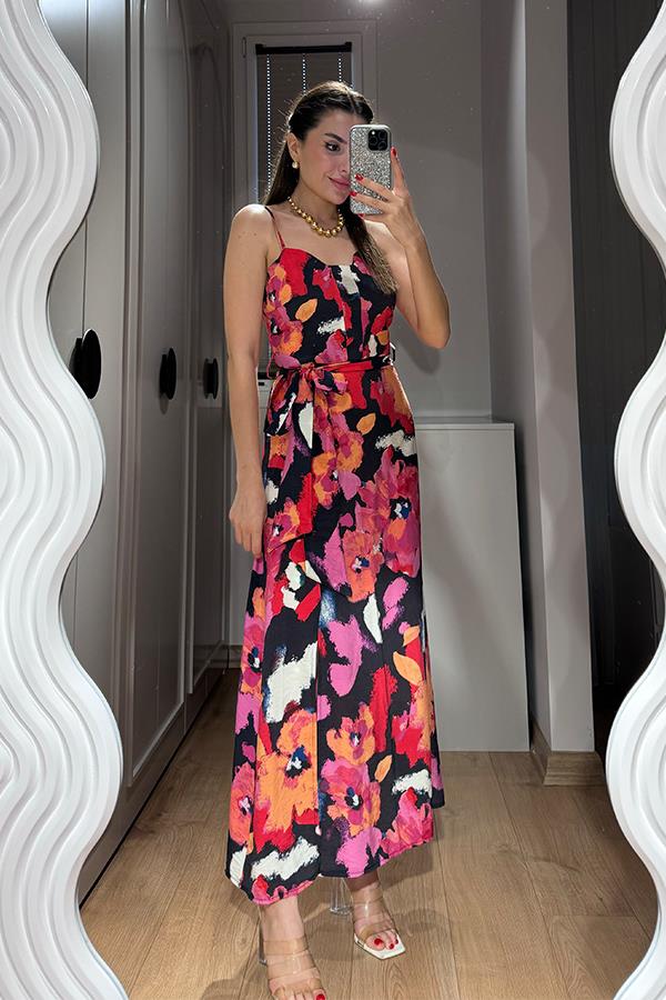 Hallen Çiçek Desenli Renkli Elbise