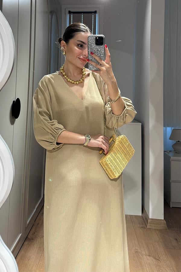 Harper Keten Karpuz Kol Uzun Elbise-Bej