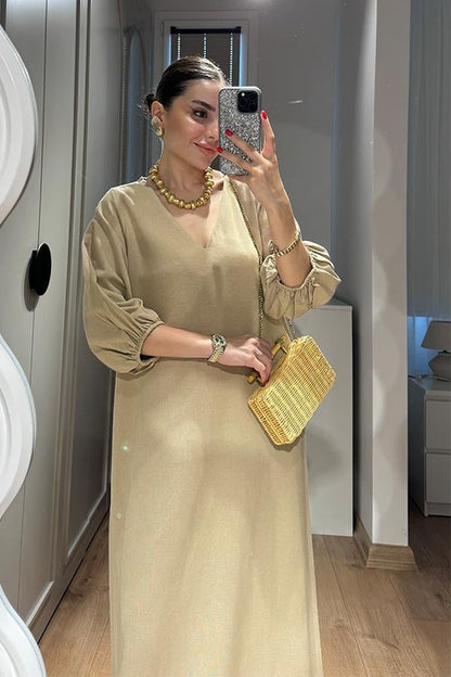 Harper Keten Karpuz Kol Uzun Elbise-Bej