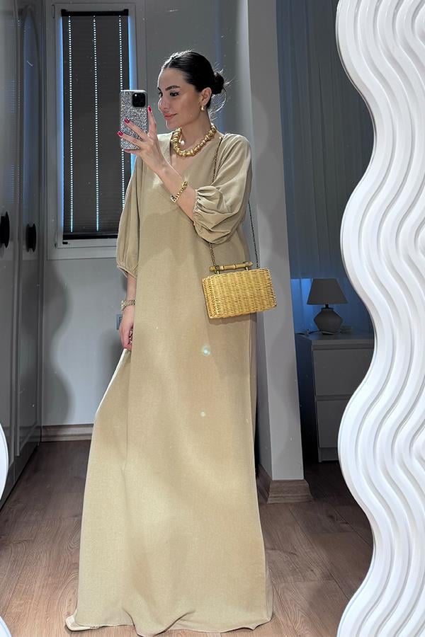 Harper Keten Karpuz Kol Uzun Elbise-Bej