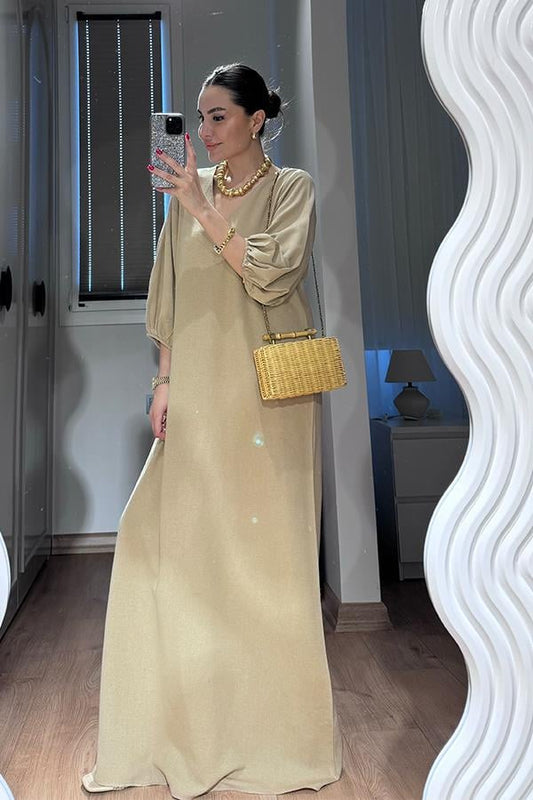 Harper Keten Karpuz Kol Uzun Elbise-Bej