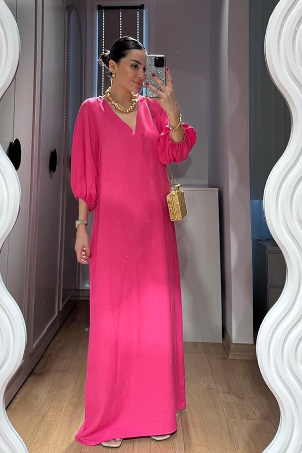 Harper Keten Karpuz Kol Uzun Elbise-Fuşya