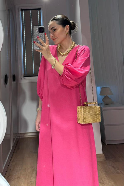 Harper Keten Karpuz Kol Uzun Elbise-Fuşya