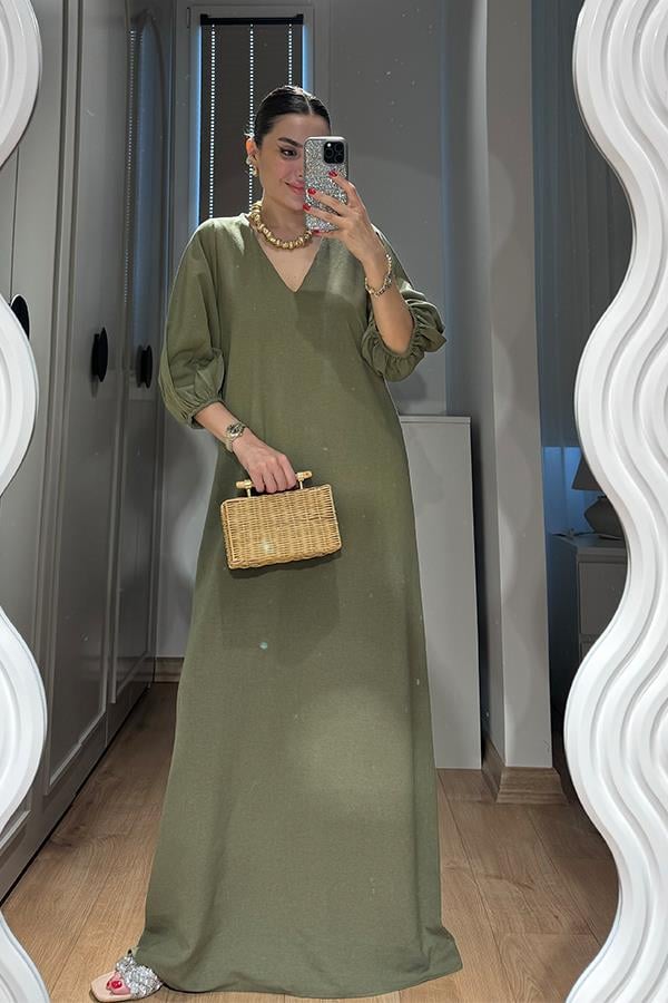 Harper Keten Karpuz Kol Uzun Elbise-Haki