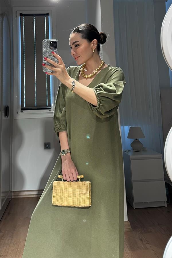 Harper Keten Karpuz Kol Uzun Elbise-Haki