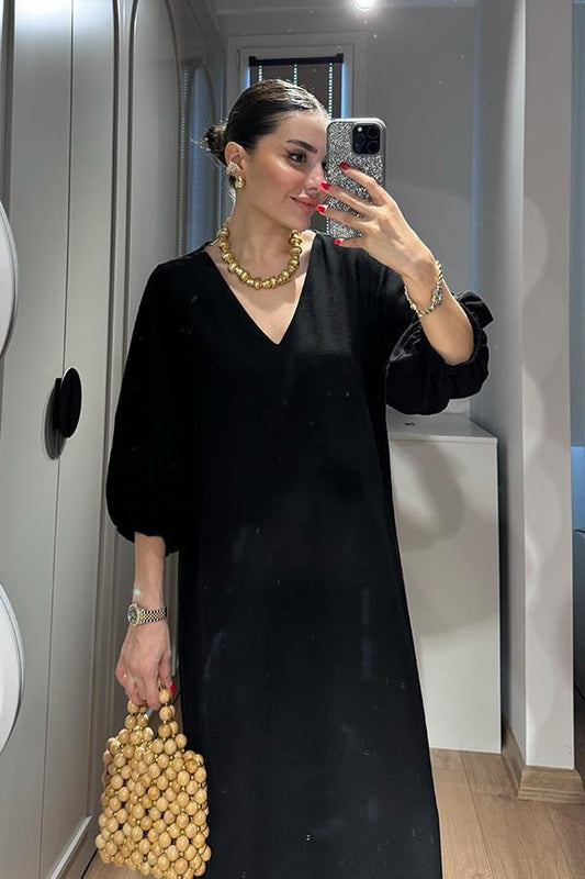 Harper Keten Karpuz Kol Uzun Elbise-Sİyah