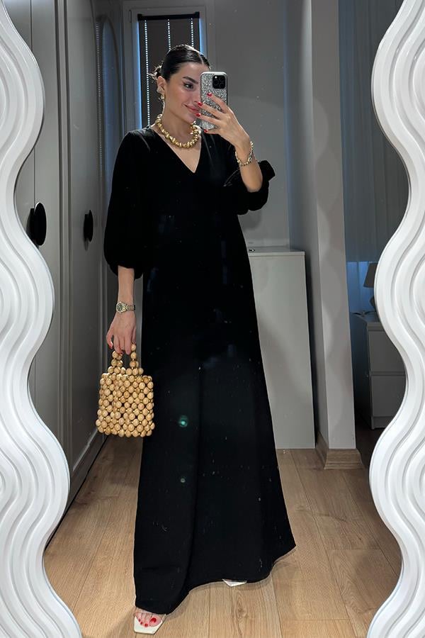 Harper Keten Karpuz Kol Uzun Elbise-Sİyah