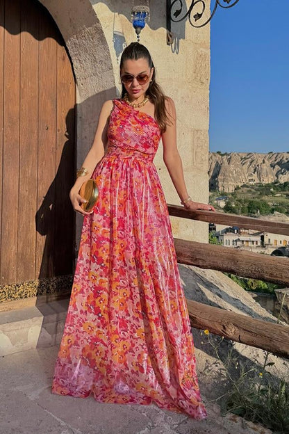 Hasharia Parlak Tek Omuz Fuşya Elbise