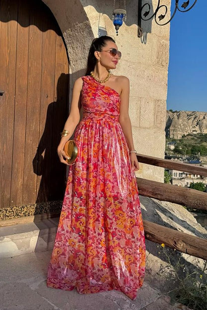 Hasharia Parlak Tek Omuz Fuşya Elbise