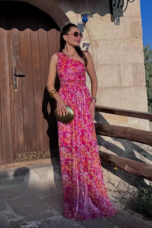 Hasharia Parlak Tek Omuz Fuşya Elbise