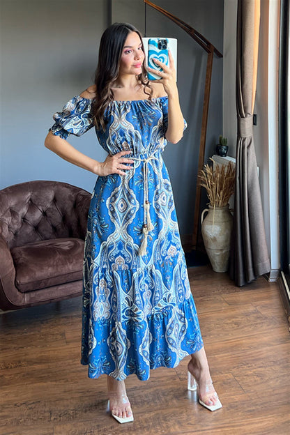 Hasır kemerli etnik desen mavi elbise