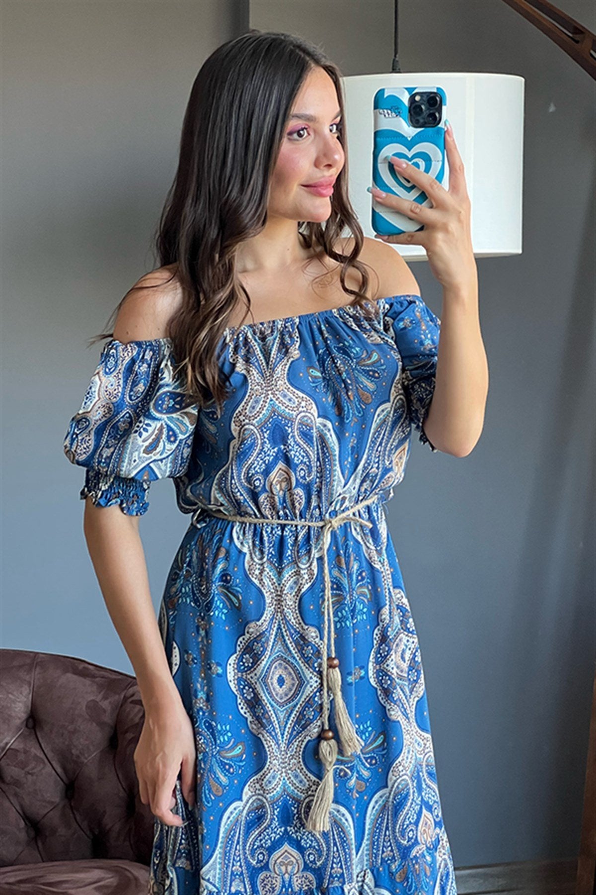 Hasır kemerli etnik desen mavi elbise