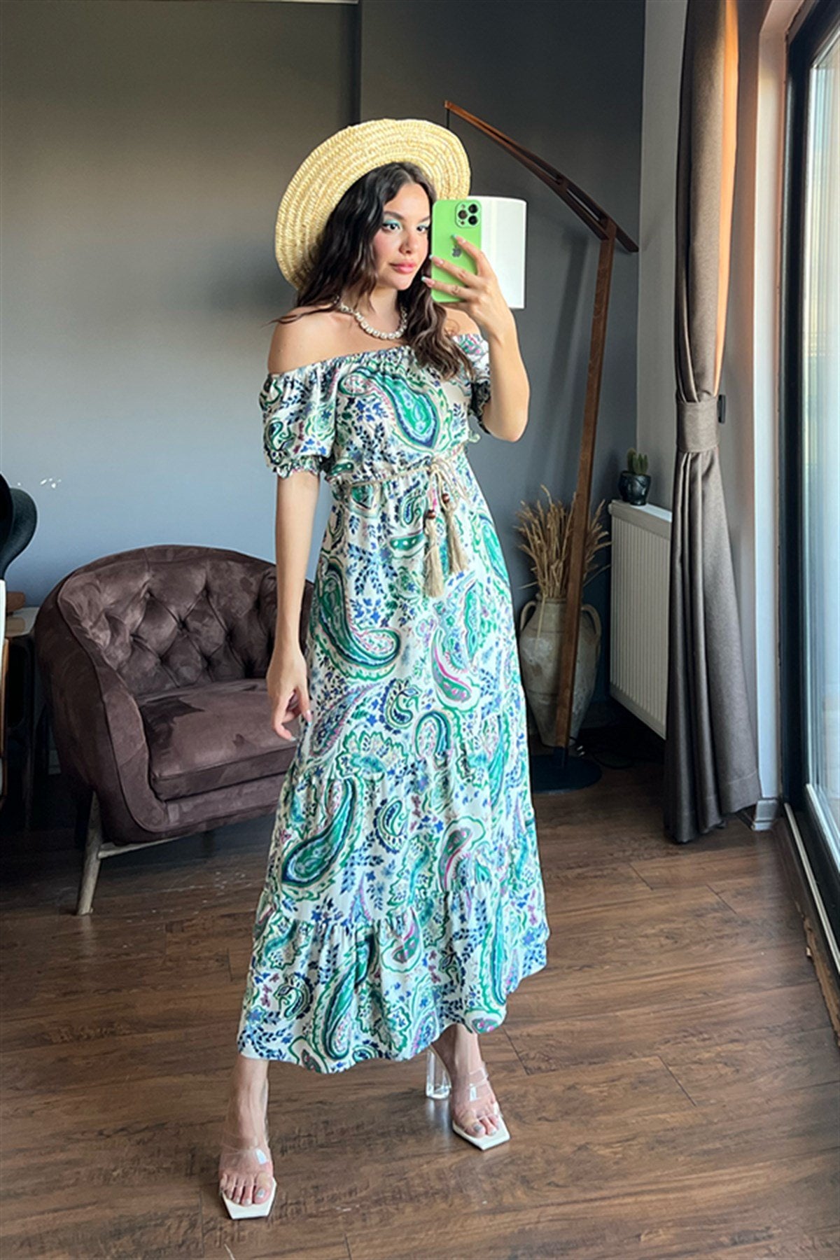 Hasır kemerli etnik desen yeşil elbise