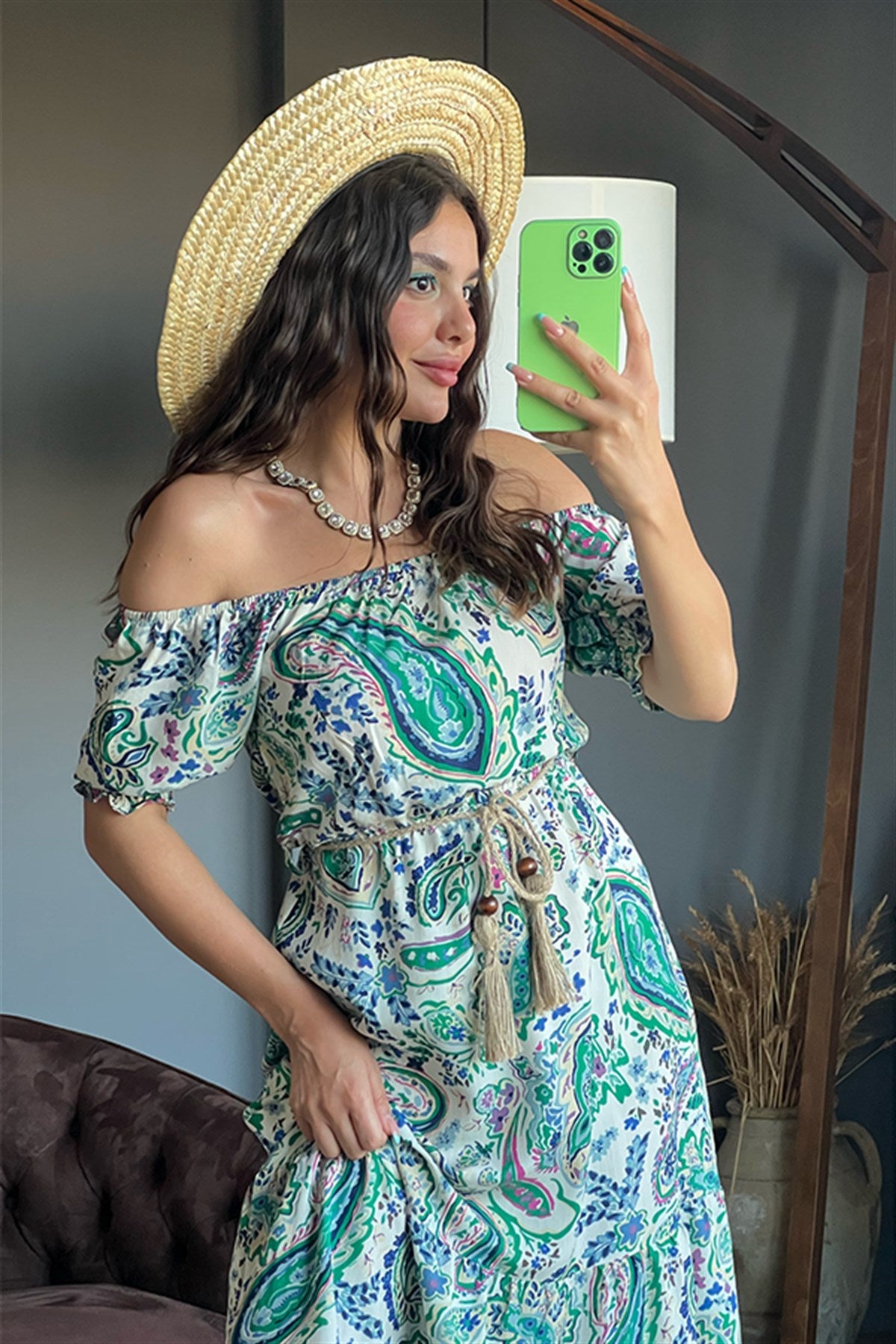 Hasır kemerli etnik desen yeşil elbise