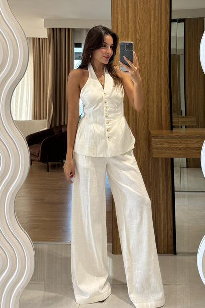 Hauser Beyaz Keten Yelekli Takım