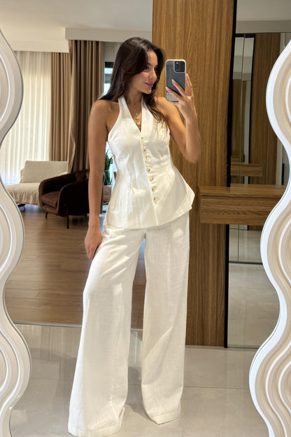 Hauser Beyaz Keten Yelekli Takım