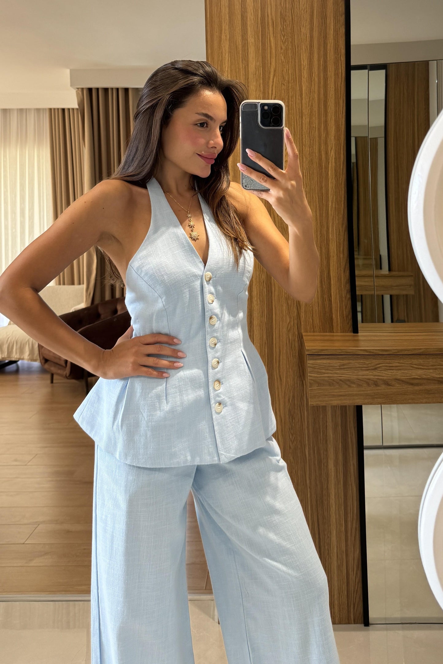 Hauser Mavi Keten Yelekli Takım