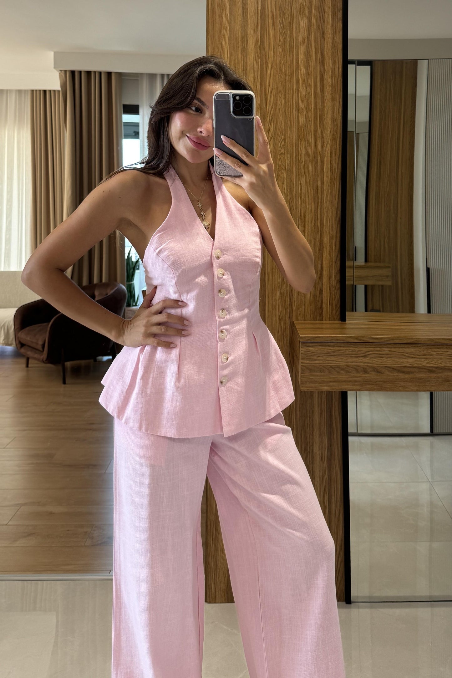 Hauser Pembe Keten Yelekli Takım