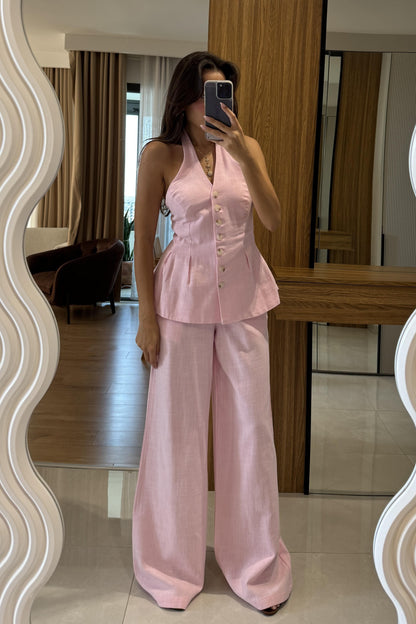 Hauser Pembe Keten Yelekli Takım