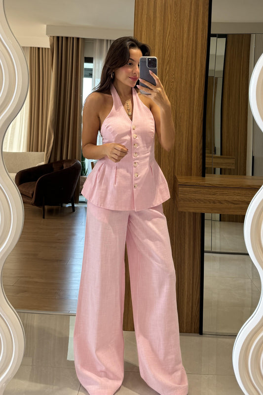 Hauser Pembe Keten Yelekli Takım