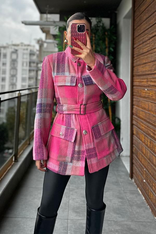 Hauss Kemerli Kaşe Ceket - Pembe Ekose